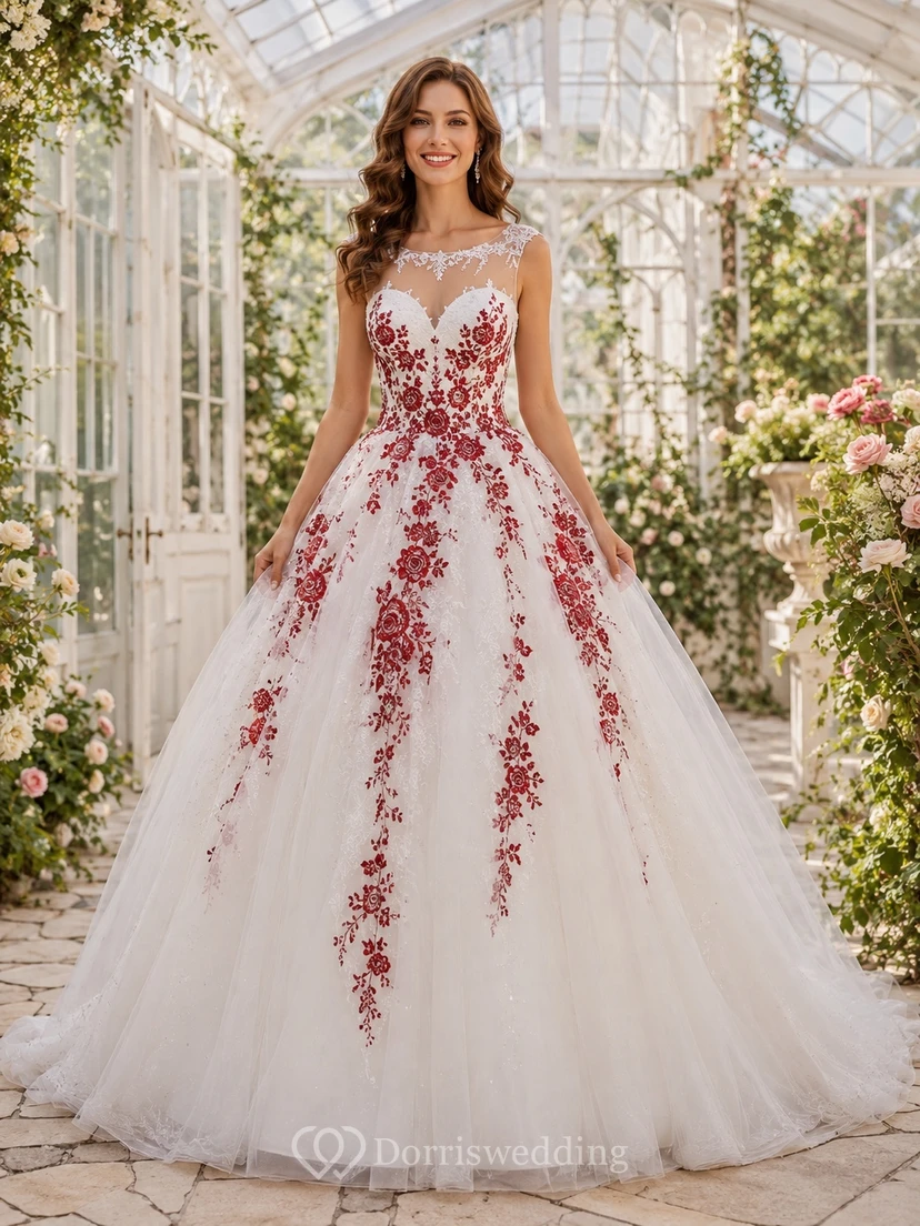 Ärmelloses Brautkleid aus rotem, floralem Spitzenstoff mit A-Linien-Schleppe und Tüllträgern