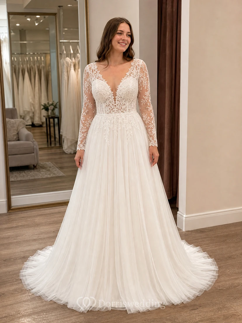 Vestido de novia campestre sexy de encaje con espalda en V y tul. view 8