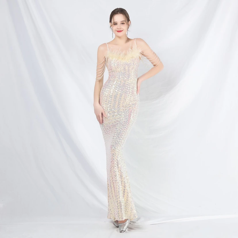 Craft Beaded Ostrich Feather Fantasy Sequined Long Evening Dress view 20