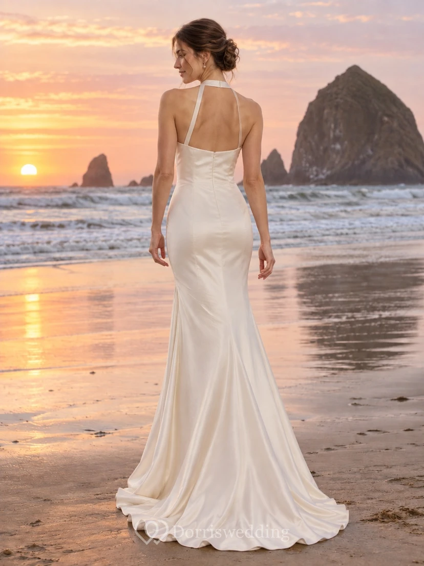 Simple Halter Mermaid Sleeveless Smooth Charmeuse Floor Length Wedding Dress view 2