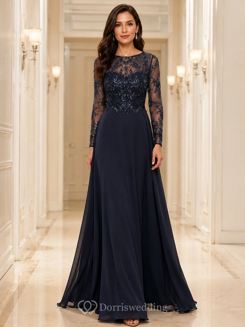 Vestido de noche largo hasta el suelo con encaje de ilusión discreta y mangas largas, corte en A