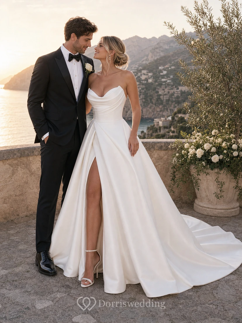 Elegantes Brautkleid aus Satin mit herzförmigem Ausschnitt, gekreuzten Trägern und Empire-Ausschnitt sowie vorderem Schlitz view 3