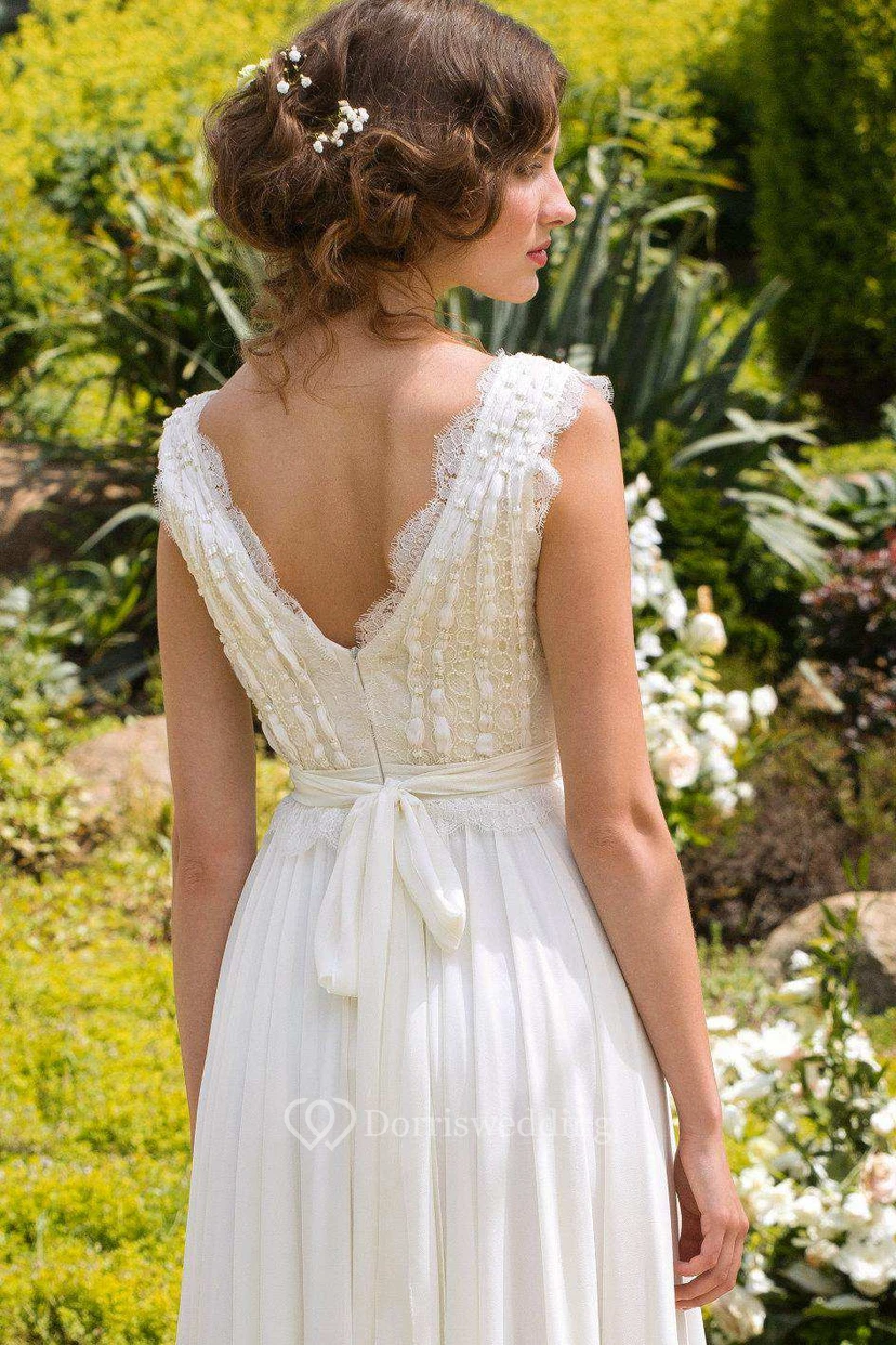 Plunged Sleeveless Chiffon Pleated Wedding Dress With Lace And Bow view 3