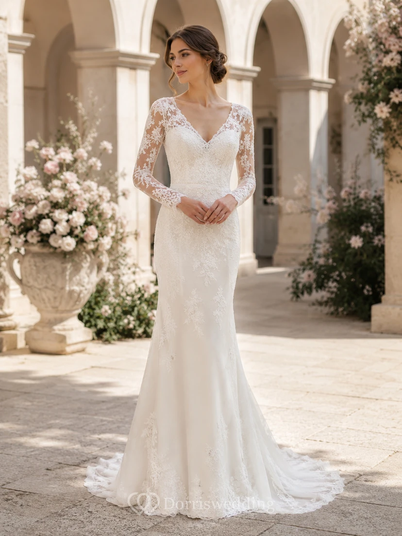 Robe de mariée modeste en dentelle et tulle, coupe sirène, col rond, manches longues et traîne chapelle.