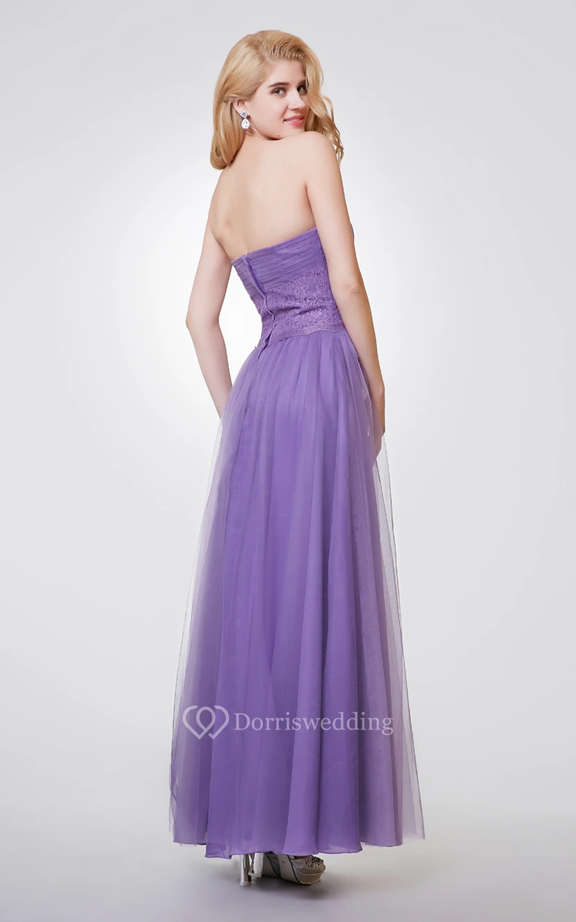 Robe longue bustier trapèze en mousseline et dentelle froncée view 4