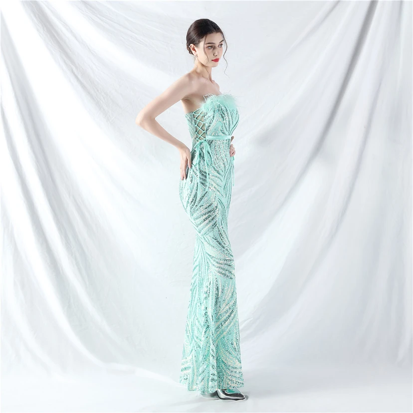 Double-Binding Rope-Binding Craft-Made Ostrich Feather Encrypted Laminated Beads High-End Evening Dress view 4