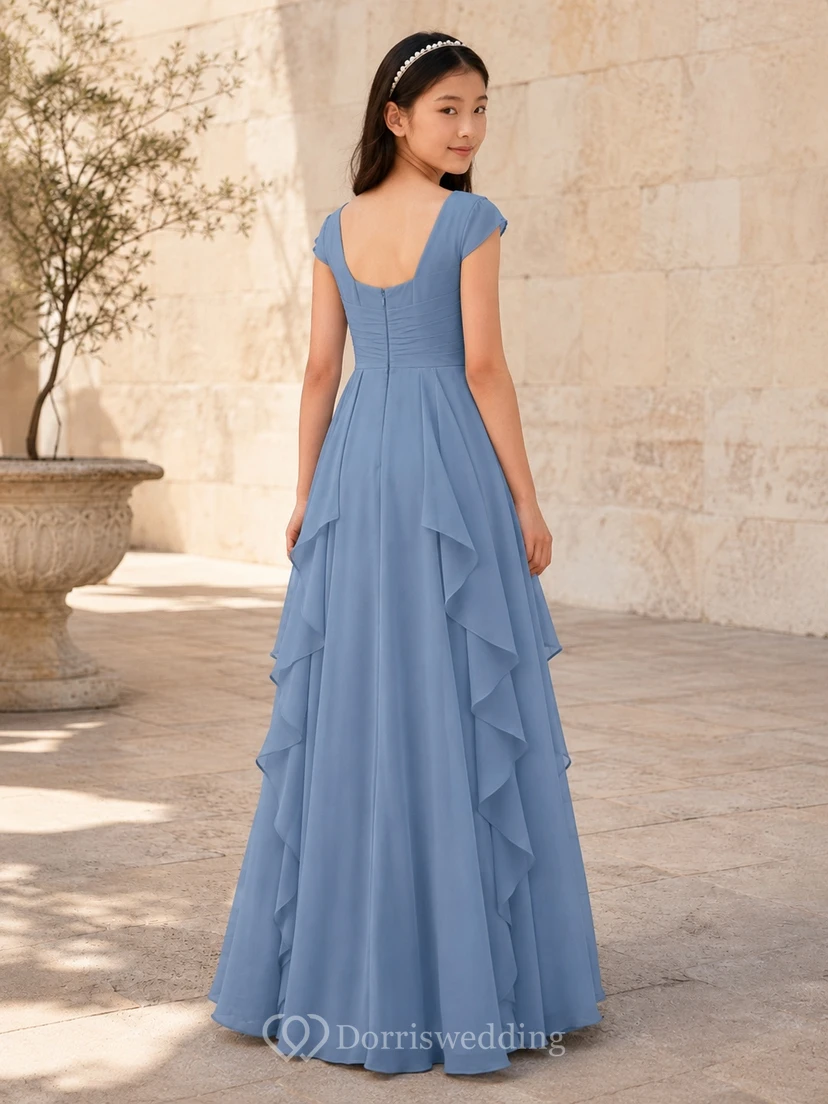 Stahlblaues Brautjungfernkleid für junge Damen, A-Linie, eckige kurze Ärmel, Chiffon, Kaskadenrüschen, romantisch view 2