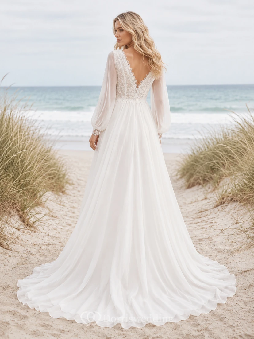 Boho V Neck Long Puff Sleeve Split Chiffon Sweep Beach Wedding Dress view 2