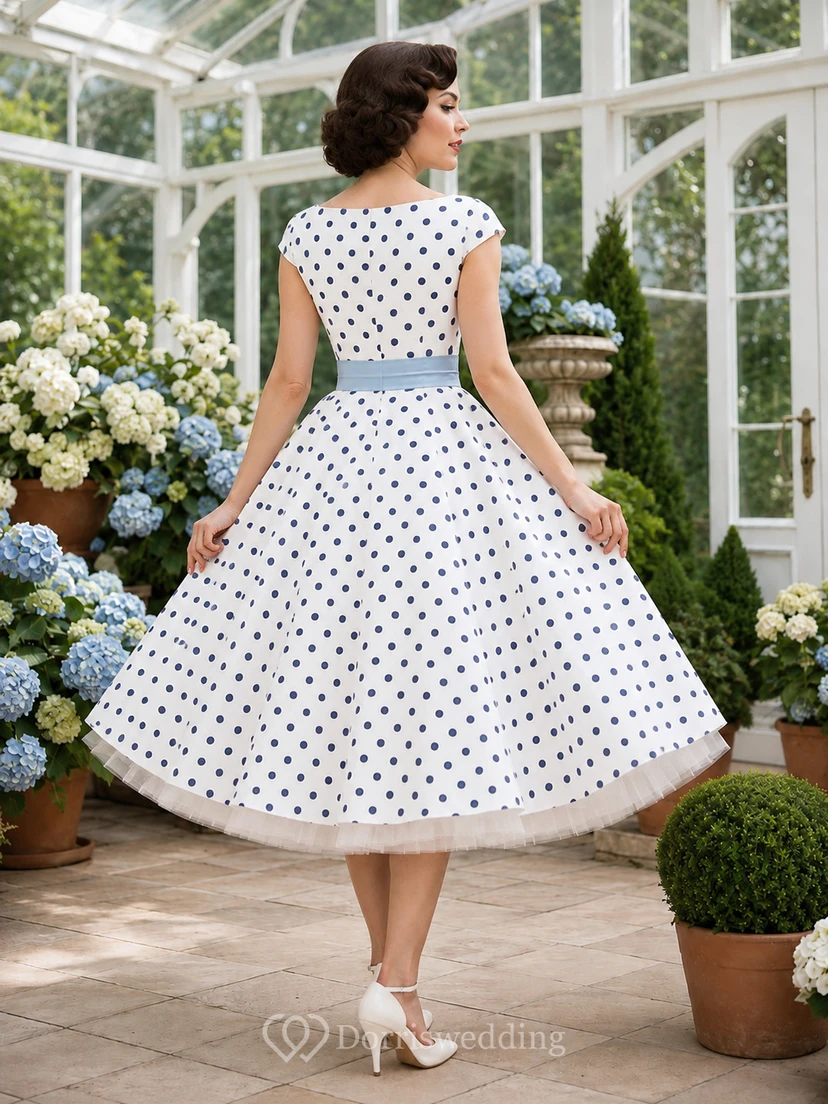 Cap Sleeve Polka Dot A Line Rockabilly Bridal Dress view 2