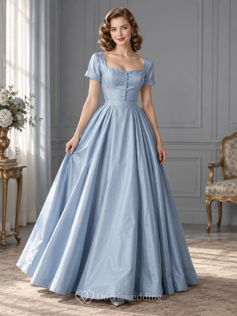1940s Square Neck Sky Blue Short Sleeve Satin Formal Ball Gown