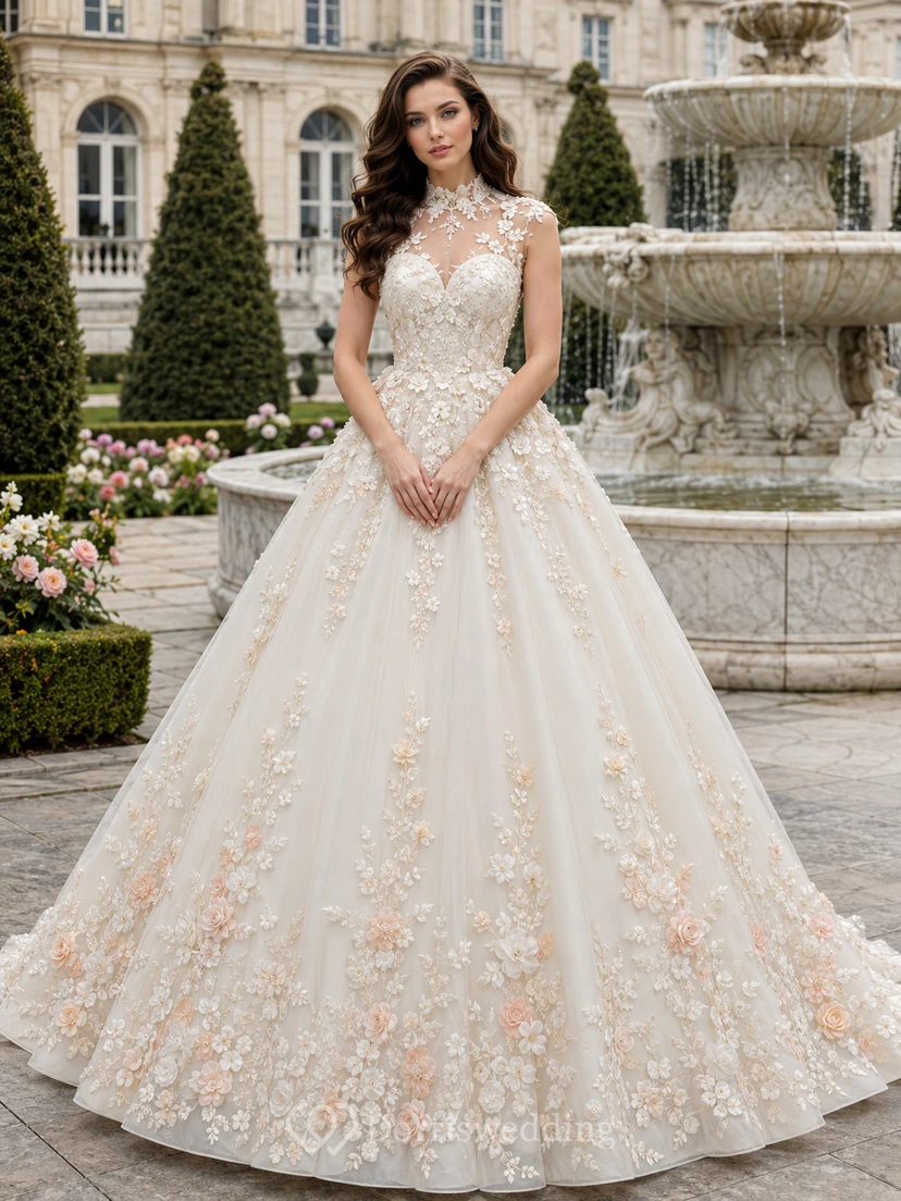 Vestido de novia de gala con mangas cortas y apliques florales
