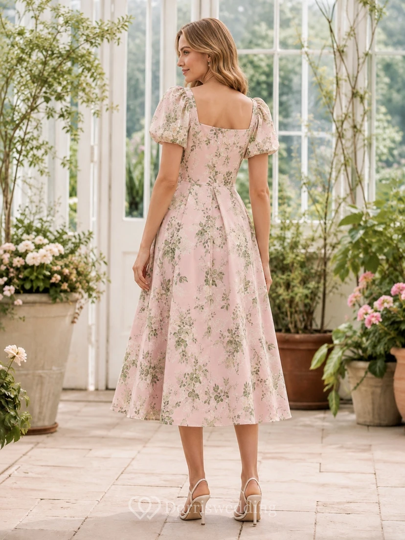Robe d'invitée en mousseline de soie à imprimé floral rose poudré, col carré, coupe trapèze, longueur thé et manches courtes, encolure carrée view 2