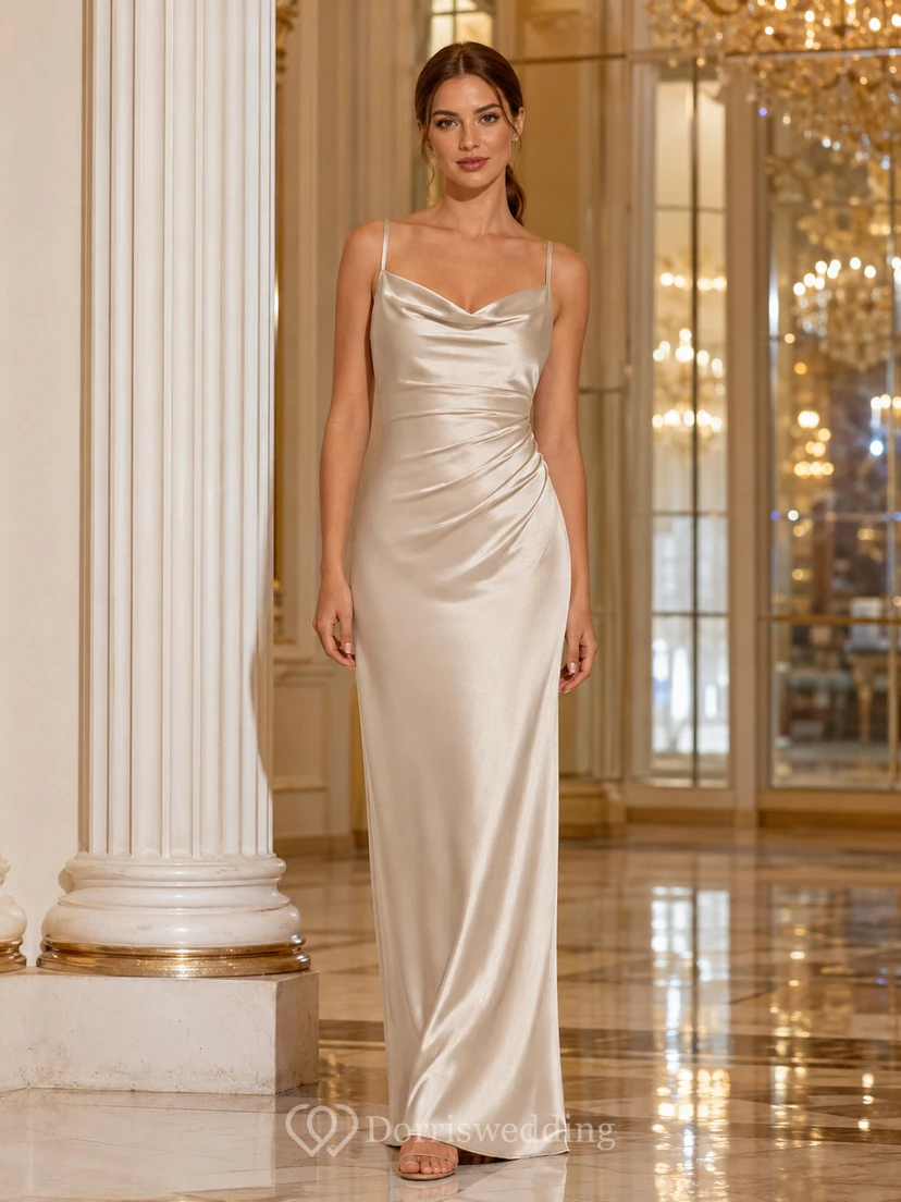 Champagne ruched cowl neck satin floor length sheath dress