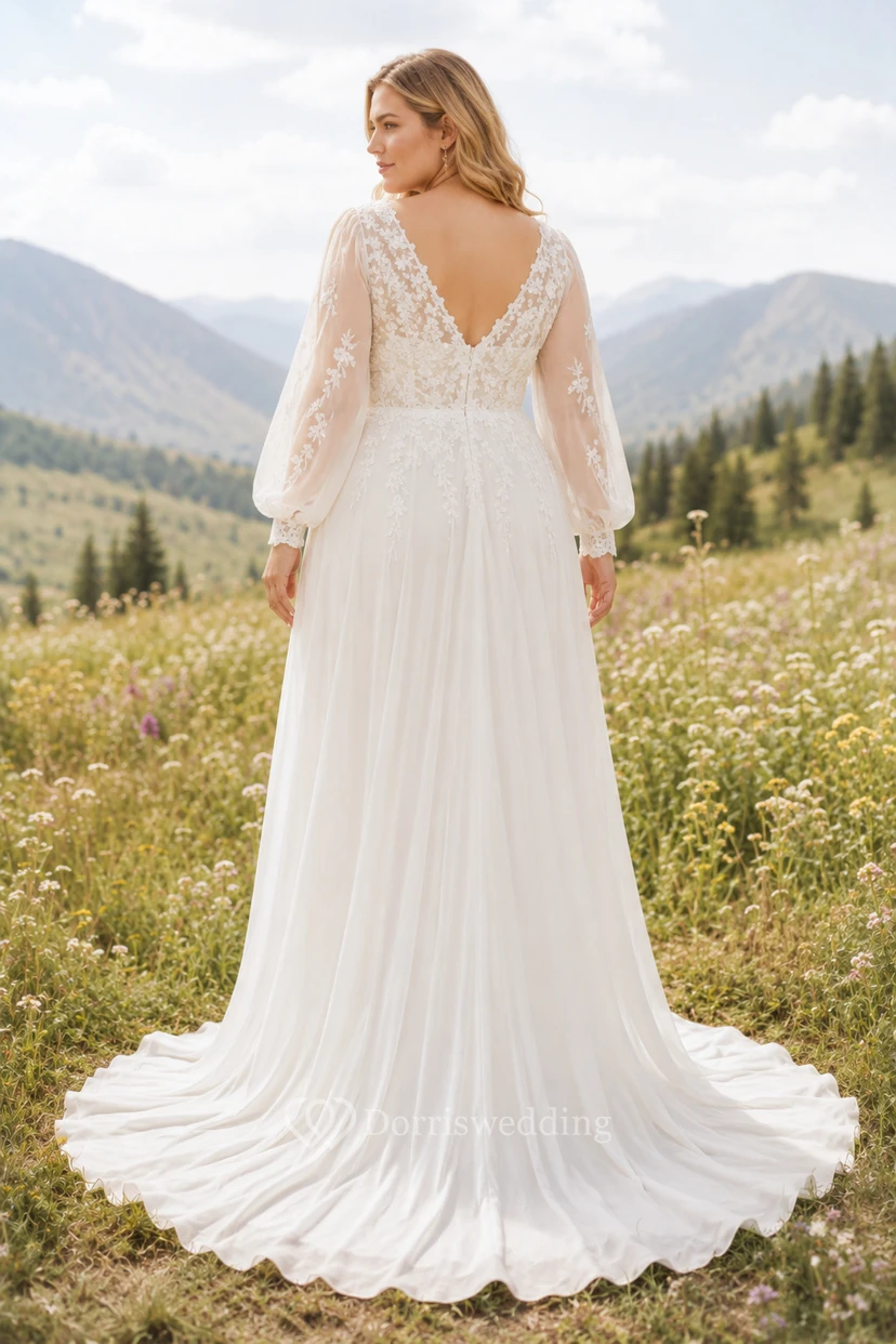 Plus Size Ivory V-Neck Long Sleeve Chiffon A-Line Wedding Dress view 2