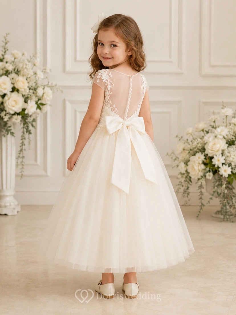 Romantic Sweetheart Lace Tulle Flower Girl Tea-Length Cap Sleeve Bow Dress view 2