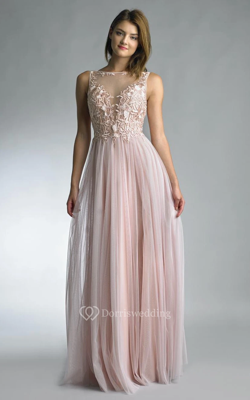 A-line Floor-length Jewel Sleeveless Tulle Low-V Back Dress view 13