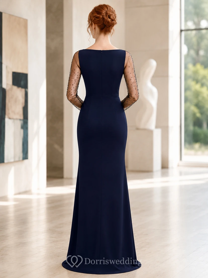 Dark Navy Bateau Illusion Sleeve Sheath Evening Dress view 2