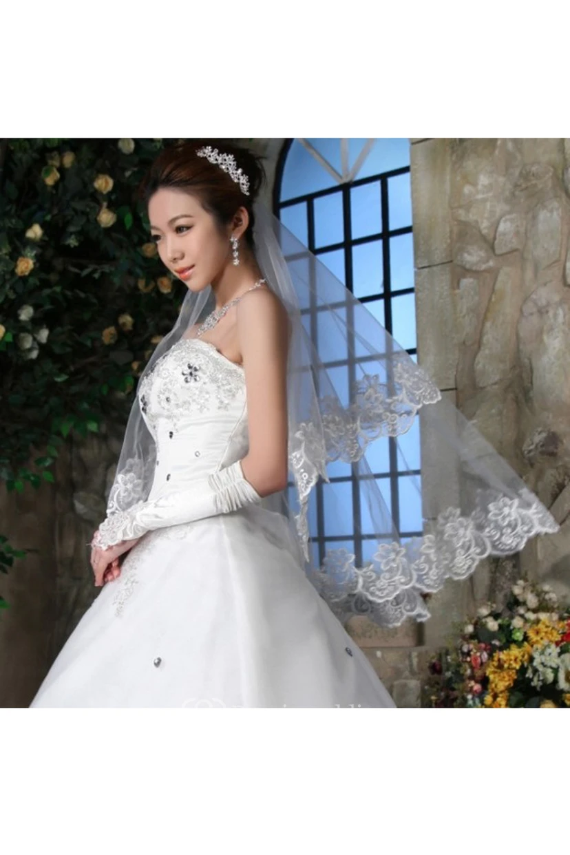 Lace Applique Fingertip Soft Tulle Bridal Veil