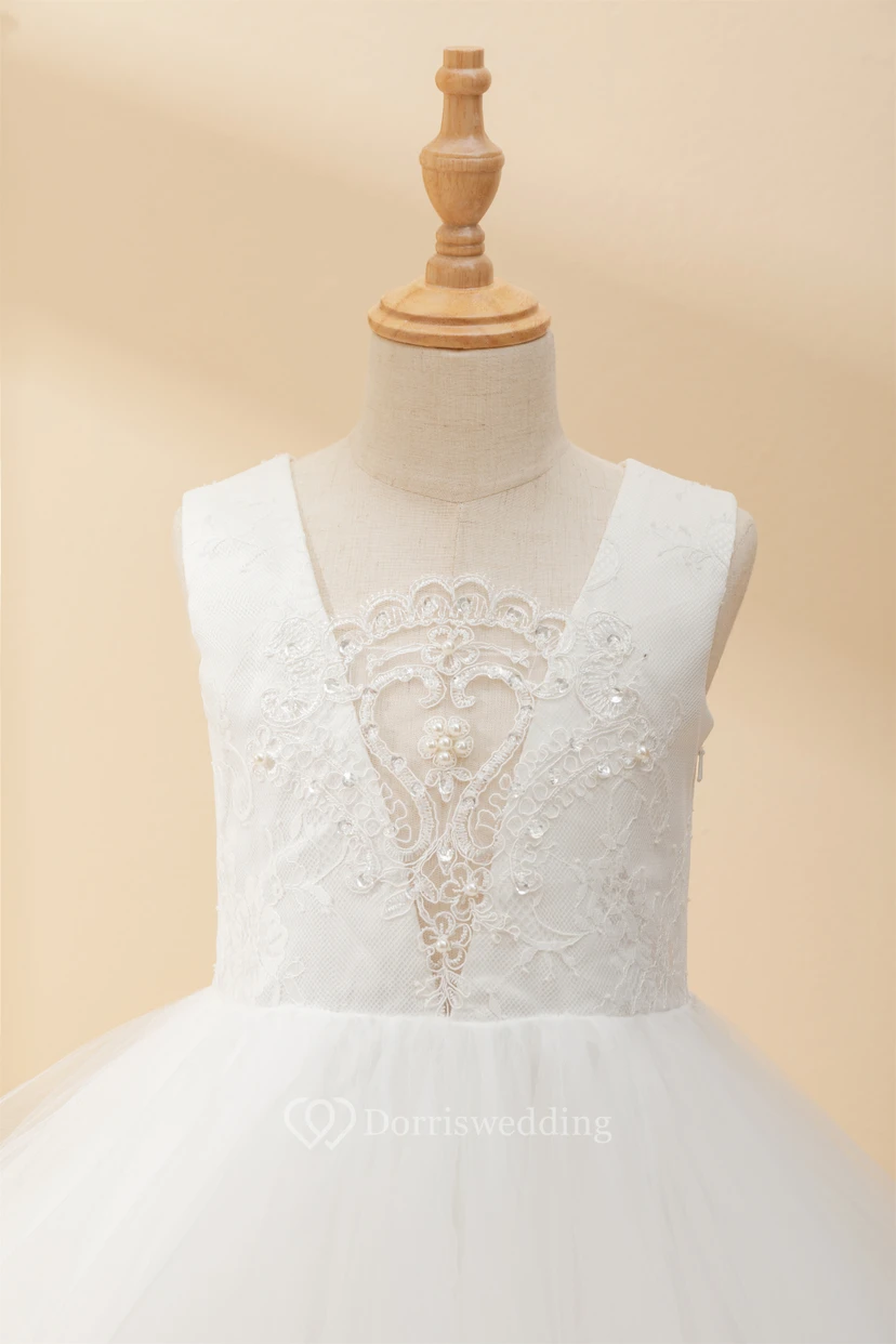 Short Ruffled Sleeveless Layered Plunged Tulle Flowergirl Dress view 3