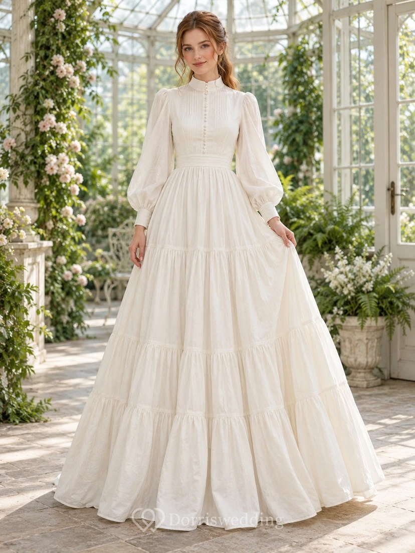 Vestido de novia sencillo de algodón con mangas largas, cuello alto y volantes, corte en A y largo hasta el suelo