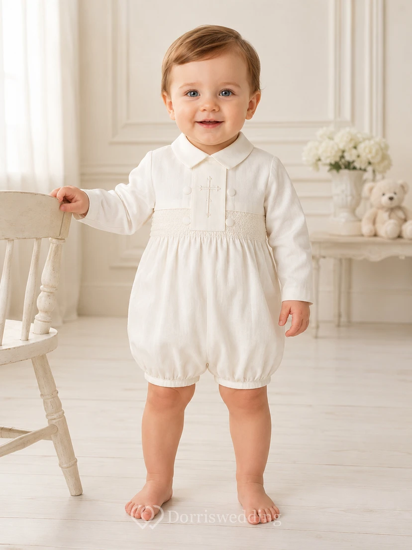 White Embroidered Bib Long Sleeve Peter Collar Blessing Romper for Baby Boy