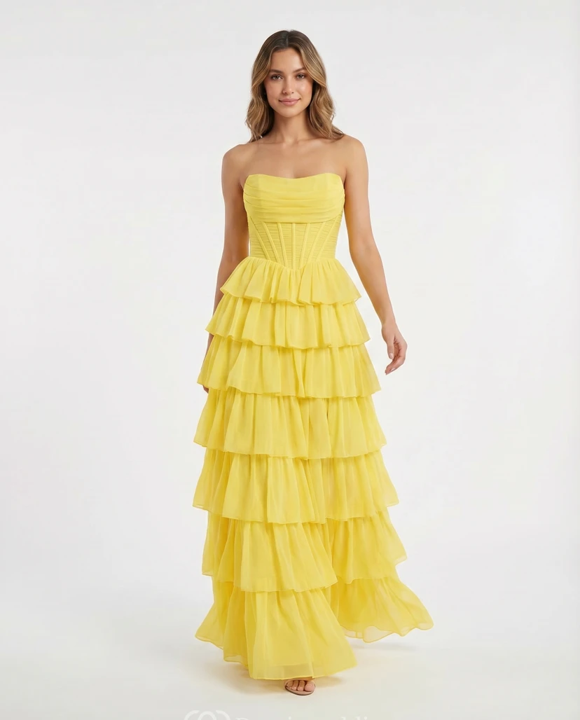 Yellow Tiered Ball Gown Strapless Prom Dress with Corset Bodice