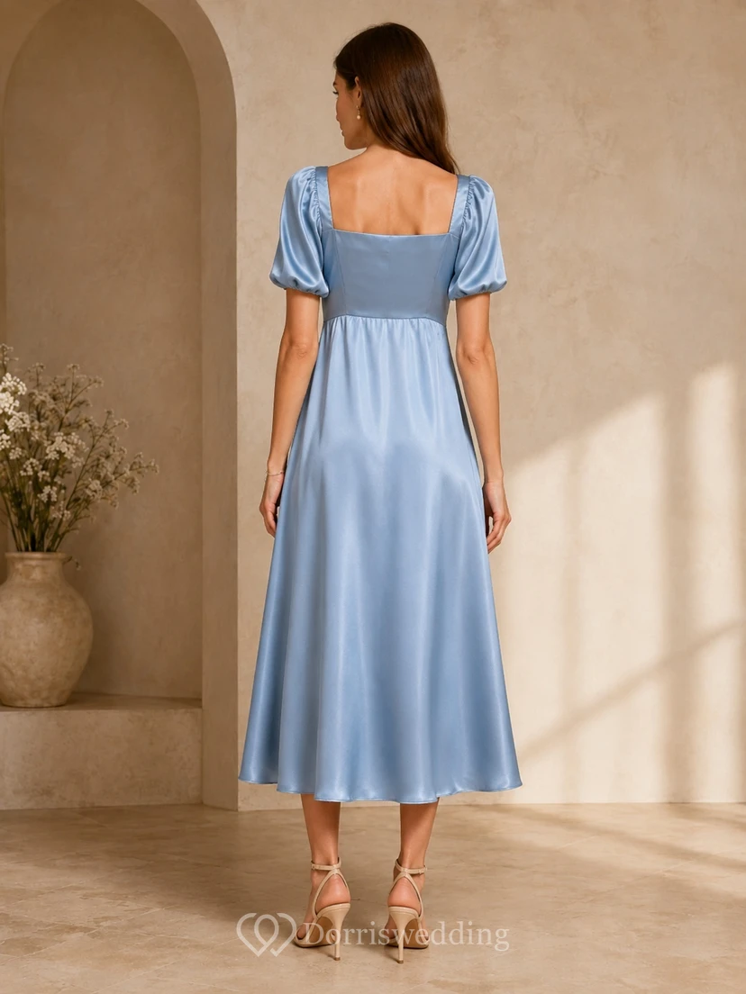 Steel Blue Cowl Neck Puff Sleeve Satin Empire Tea-Length A-Line Guest Dress view 2