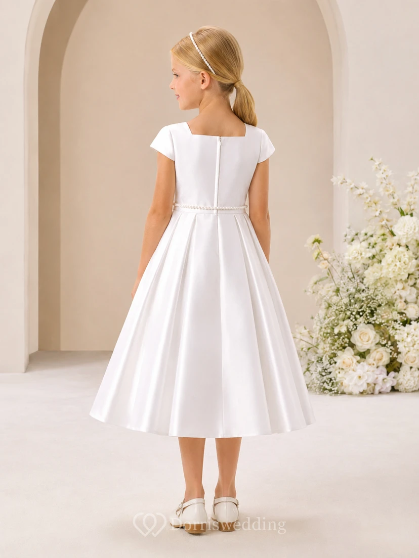 Satin-Blumenmädchenkleid in Teelänge mit quadratischem Ausschnitt, kurzen Ärmeln und eckigem Ausschnitt, für Kommunion, Teelänge view 2