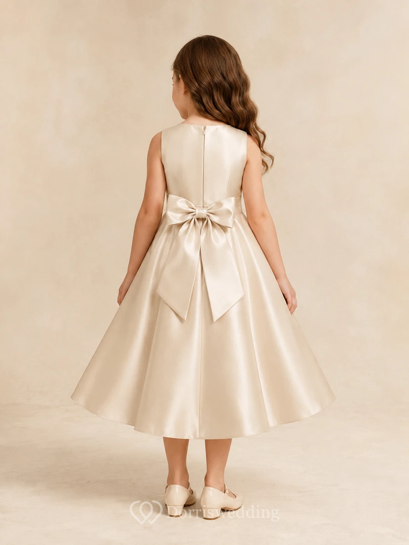 Champagne Satin Sleeveless Tea-Length A-Line Flower Girl Beach Wedding Dress With Bow view 2