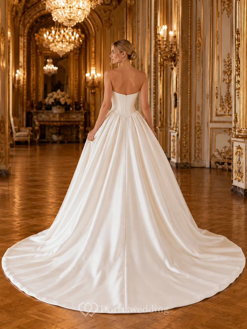 Strapless Sweetheart Satin Ball Gown Chapel Train Wedding Dress view 2
