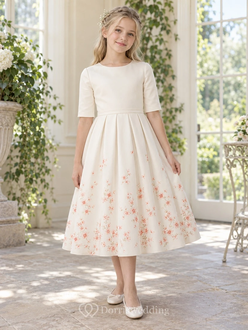 Cream Tea-length Floral Jewel Half-sleeve Pleated Banded Button-back Flower Girl Dress