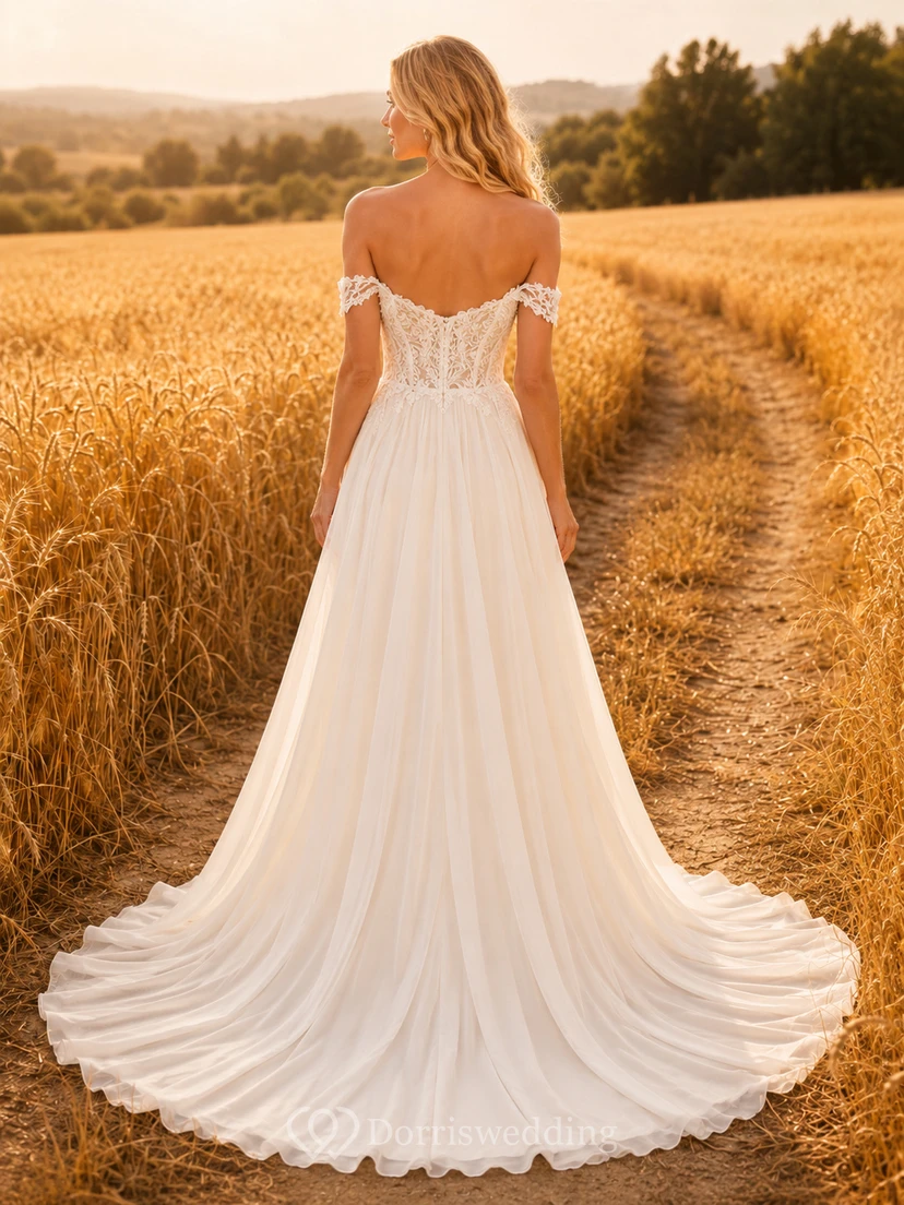 Brautkleid aus Chiffon im Landhausstil, A-Linie, schulterfrei, bodenlang, tiefer V-Ausschnitt view 2