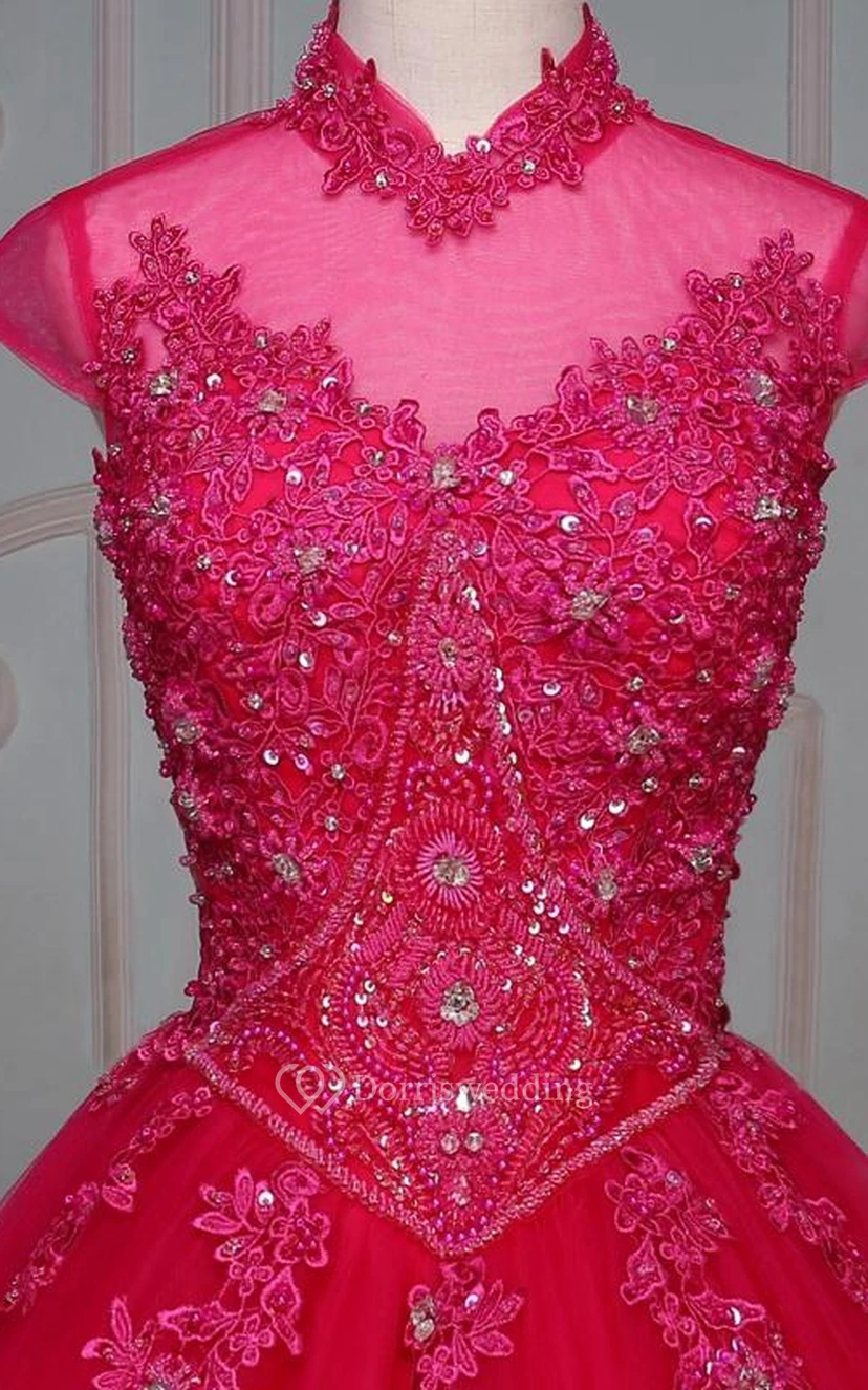 Ball Gown Floor-Length High Neck Bell Cap Beading Appliques Corset Back Tulle Lace Dress view 5