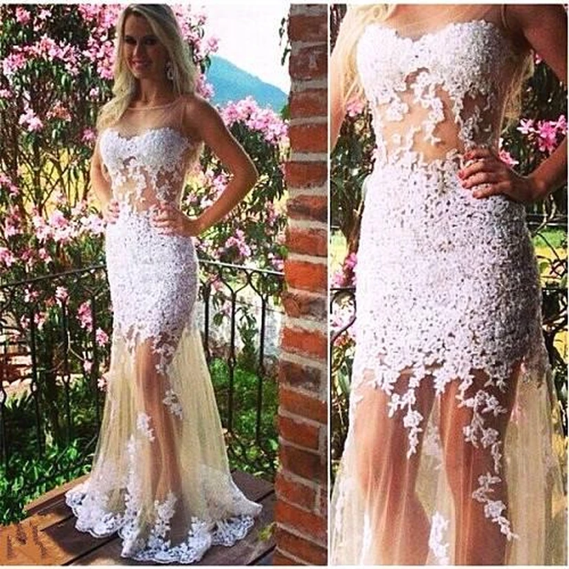 Sexy White Tulle Mermaid Evening Dresses Bateau Sleeveless Prom Gowns view 2