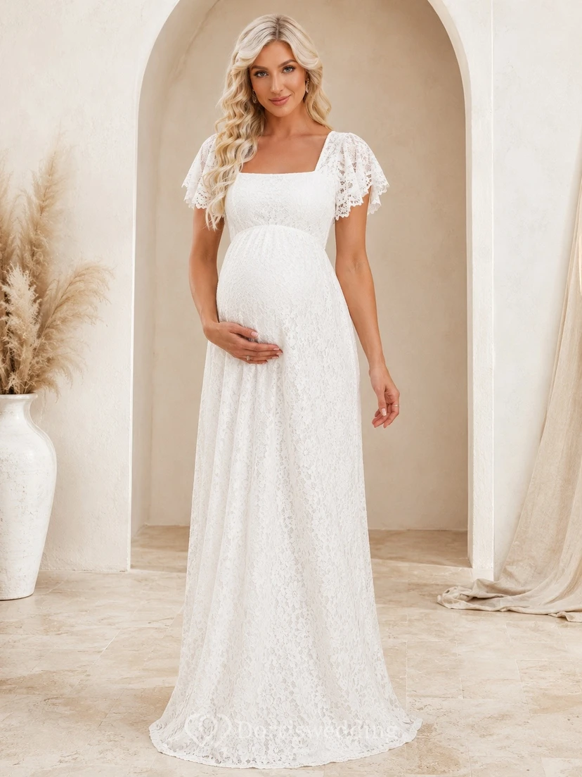 Lace Square-Neck Short-Sleeve A-Line Bridal Maternity Wedding Dress