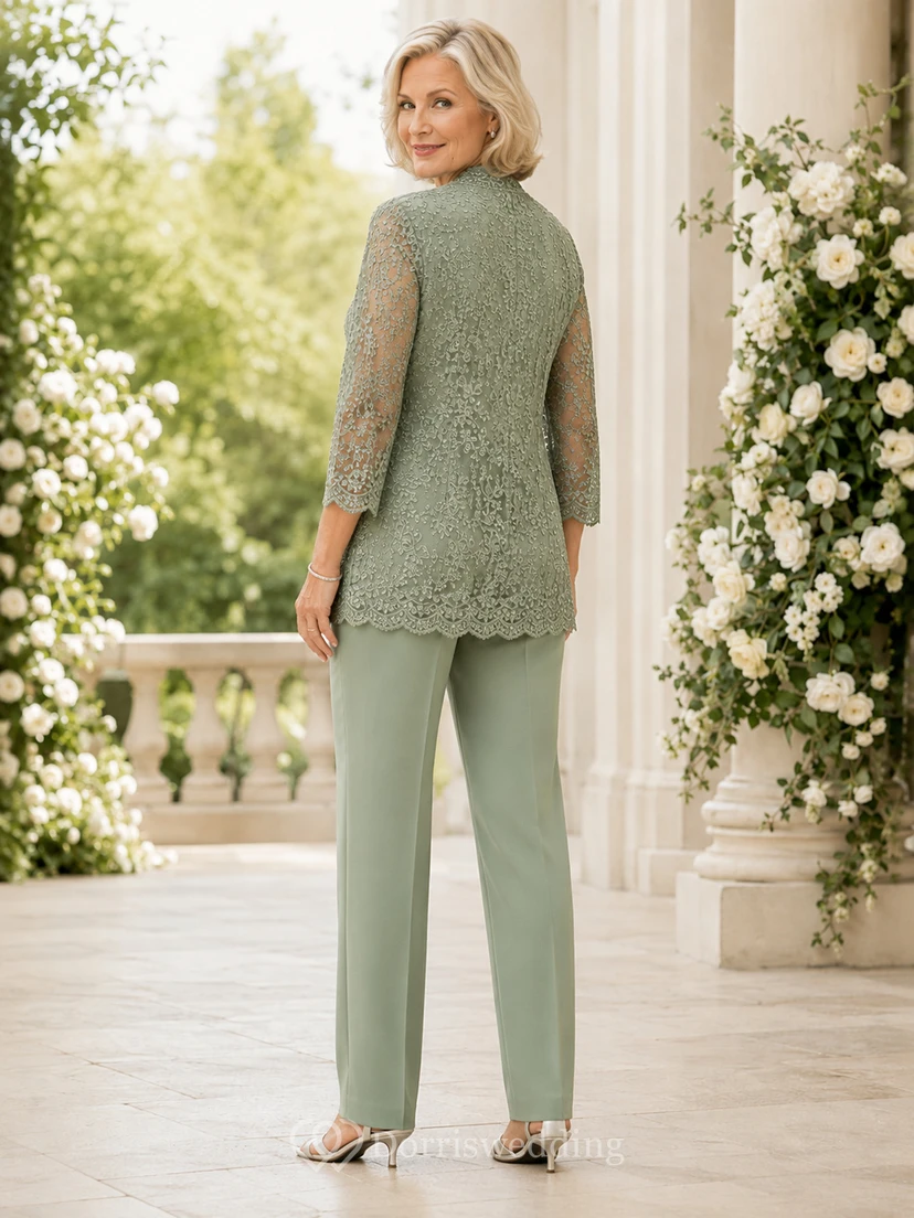Eleganter, dreiteiliger Hosenanzug in Salbeigrün mit geradem Bein, geradem Saum und knöchellanger Hose – perfekt für die Mutter der Braut. view 2