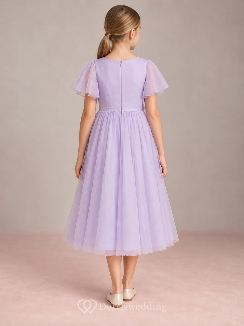 Lilac Tea-length Jewel Flutter-sleeve Tulle Gathered Floral Banded Princess-seamed Flower Girl Dress view 2