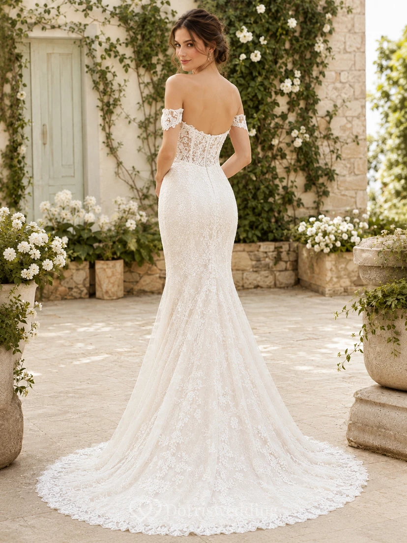 Romantic Off Shoulder Lace Wedding Mermaid Short Sleeve Chapel Train view 2