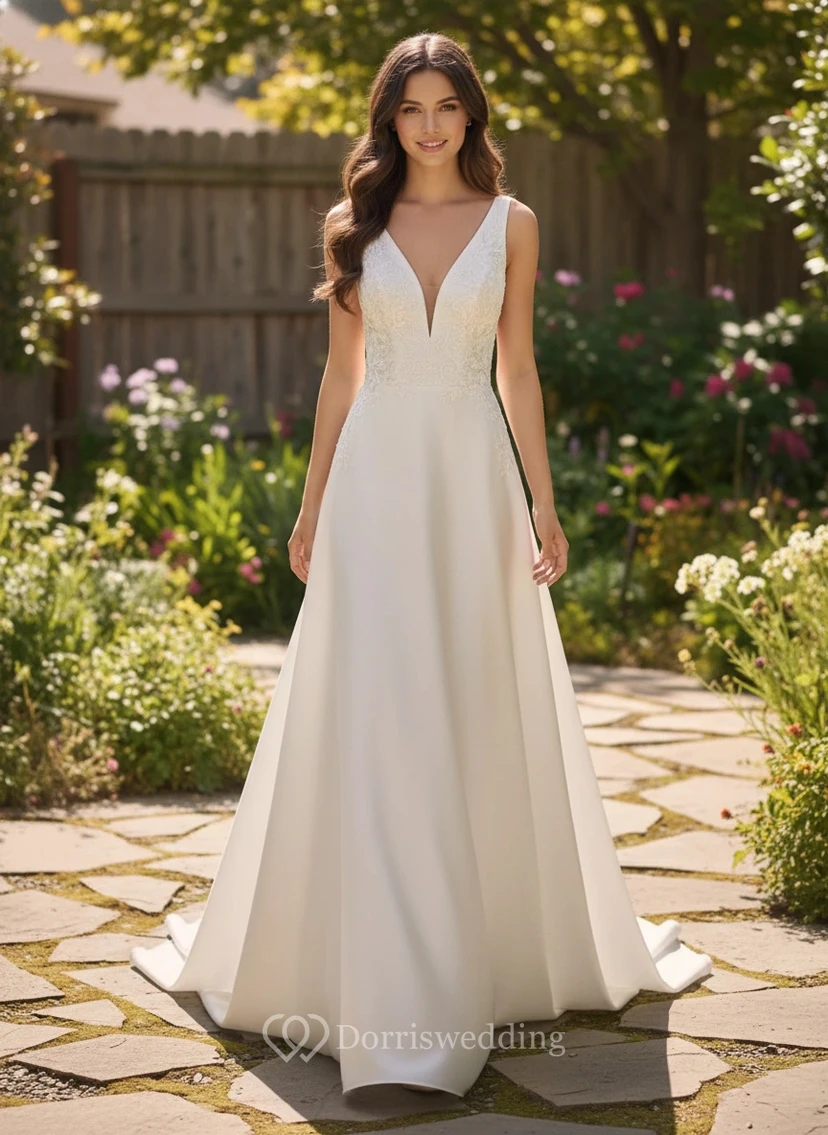Ärmelloses A-Linien-Hochzeitskleid aus Satin mit V-Ausschnitt
