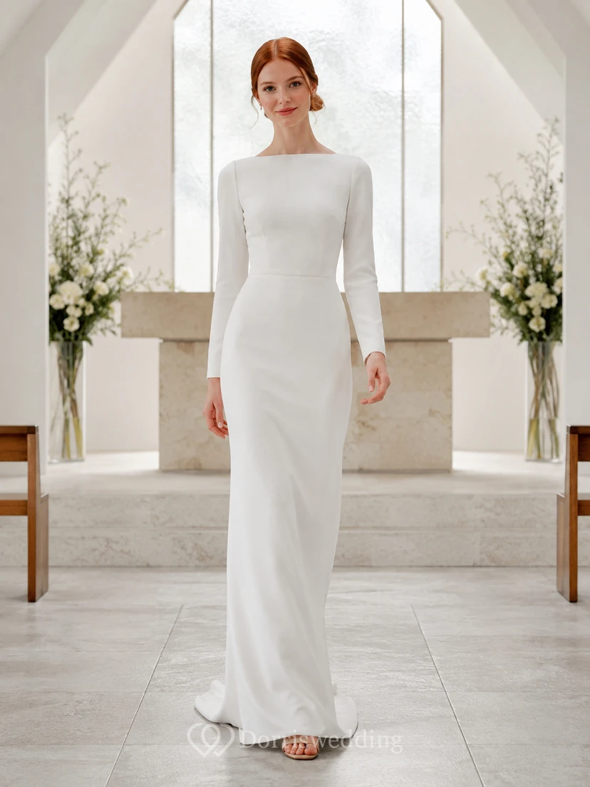 Petite Long Sleeve Bateau Crepe Sheath Wedding Dress