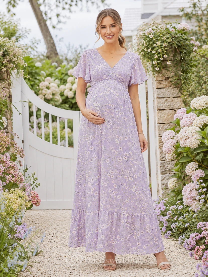 Vestido de jardín tobillero con escote en V y mangas con volantes, estampado floral lila y estampado floral lila.