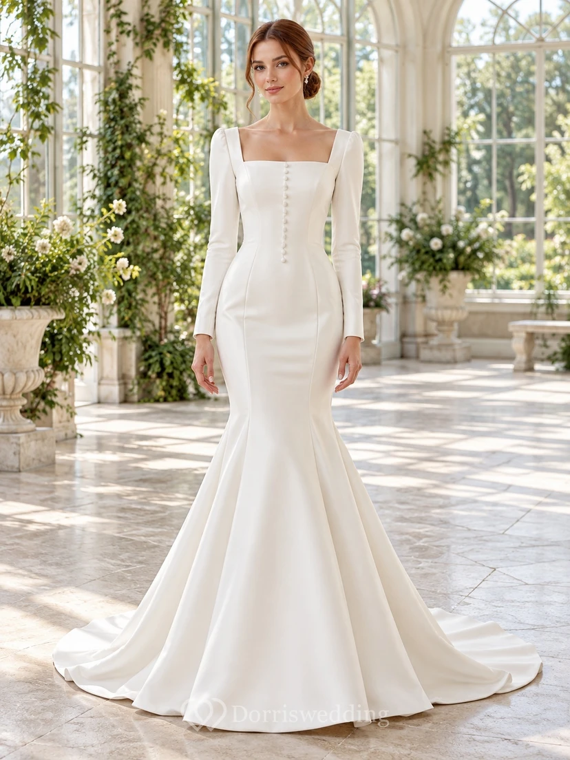 Simple Square Neck Long Sleeve Button Mermaid Wedding Dress