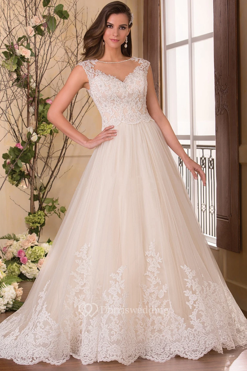 Cap-Sleeved Bateau-Neck A-Line Gown With Appliqued Bodice