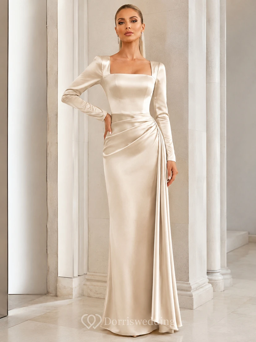 Modernes champagnerfarbenes, elegantes Etuikleid aus Satin mit eckigem Ausschnitt und langen Ärmeln