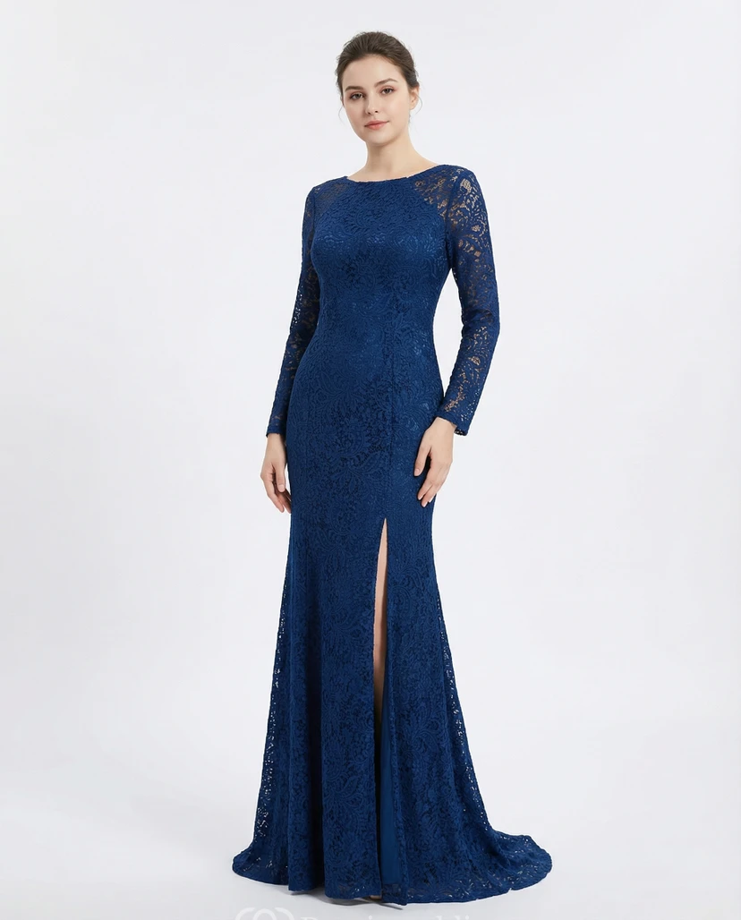Jewel Neck Lace Long Sleeve Split Gown