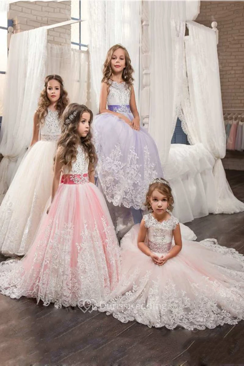 Ball Gown Floor-length Scoop Sleeveless Tulle Dress with Bow view 4
