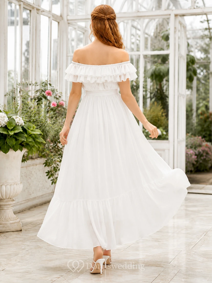 Shoreline Float White A-Line Ankle-Length Off-Shoulder Short-Sleeve Chiffon Bohemian Guest Dress view 2