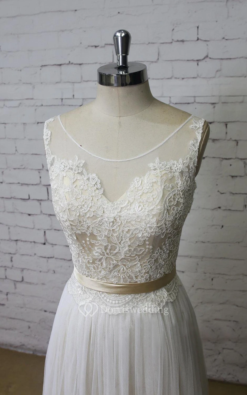 Scoop Neck A-Line Tulle and Lace Vow Renewal Dress With Pleats and Satin Sash view 4