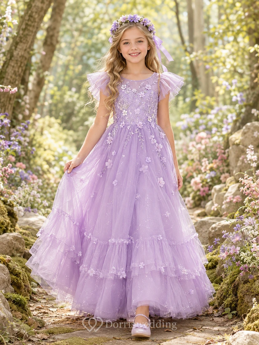 Lavender Tulle A-Line Flower Girl Dress with Short Sleeves, Jewel Neck, Tea-Length Skirt and Bow Detail