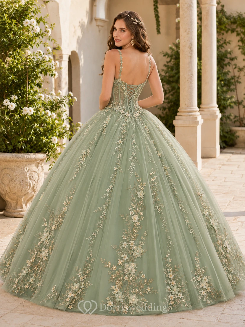 Vestido de fiesta formal de princesa para quinceañera, estilo princesa, romántico, con escote en V y tirantes finos, color verde salvia. view 2